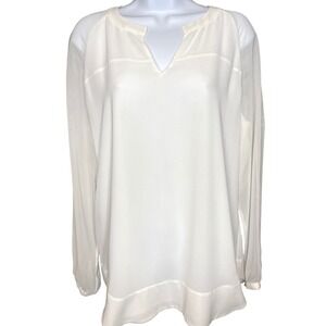 Womens White Split V-Neck Long Sleeve Blouse Mesh Panel Est Sz XL Office Casual